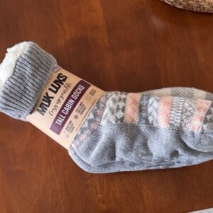 Muk Luks Cozy Gray and Pink Cabin Socks